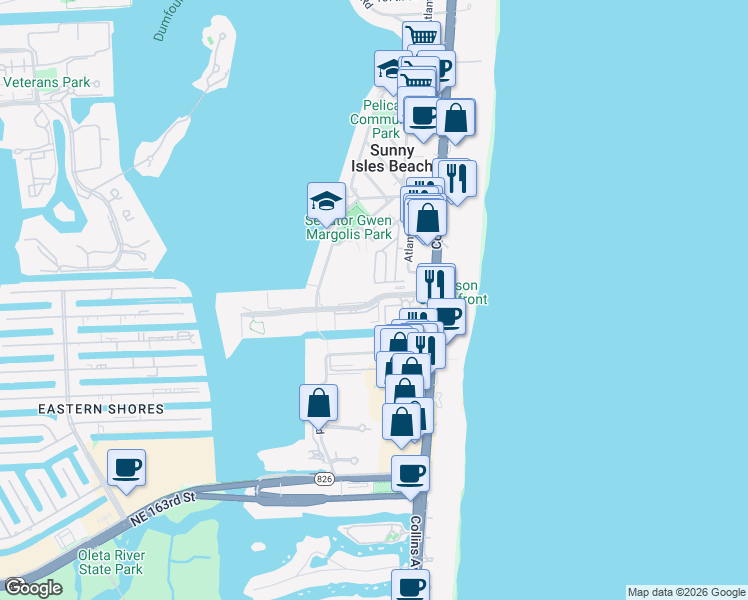 map of restaurants, bars, coffee shops, grocery stores, and more near 163 174th Street in Sunny Isles Beach