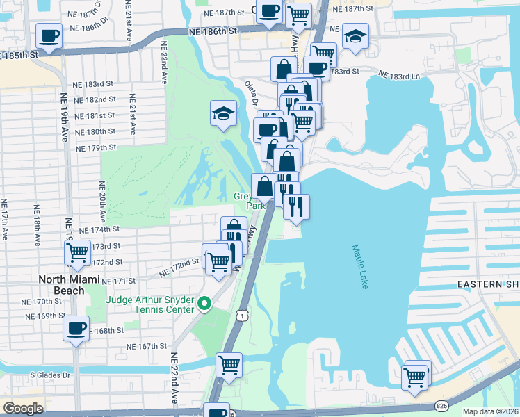 map of restaurants, bars, coffee shops, grocery stores, and more near 17530 West Dixie Highway in North Miami Beach
