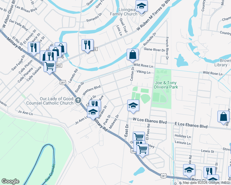 map of restaurants, bars, coffee shops, grocery stores, and more near 243 Center Drive in Brownsville