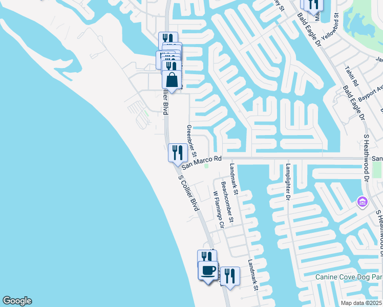 map of restaurants, bars, coffee shops, grocery stores, and more near 7 Greenbrier Street in Marco Island