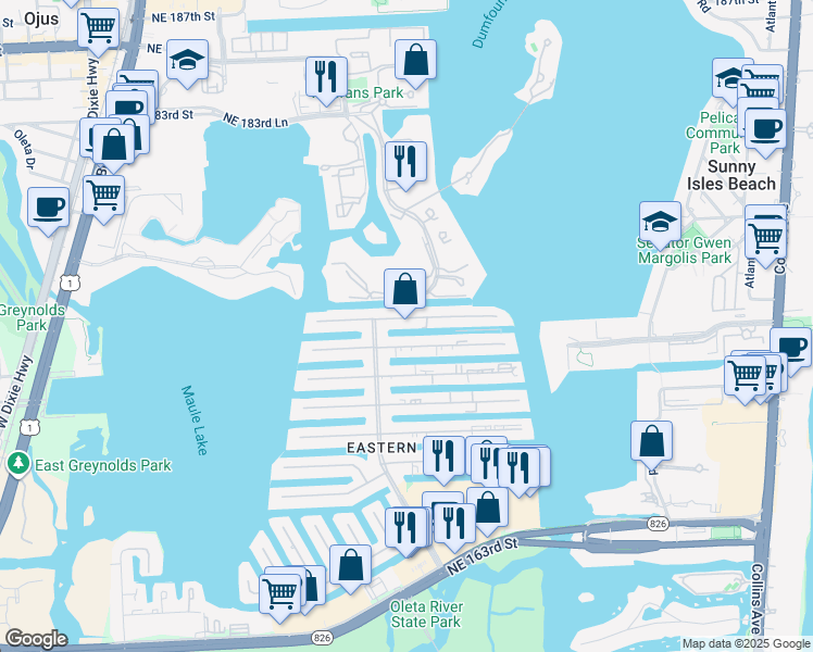 map of restaurants, bars, coffee shops, grocery stores, and more near 3642 Northeast 171 Street in North Miami Beach