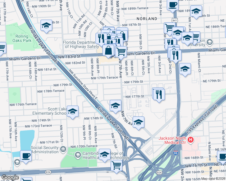 map of restaurants, bars, coffee shops, grocery stores, and more near 735 Northwest 178th Terrace in Miami