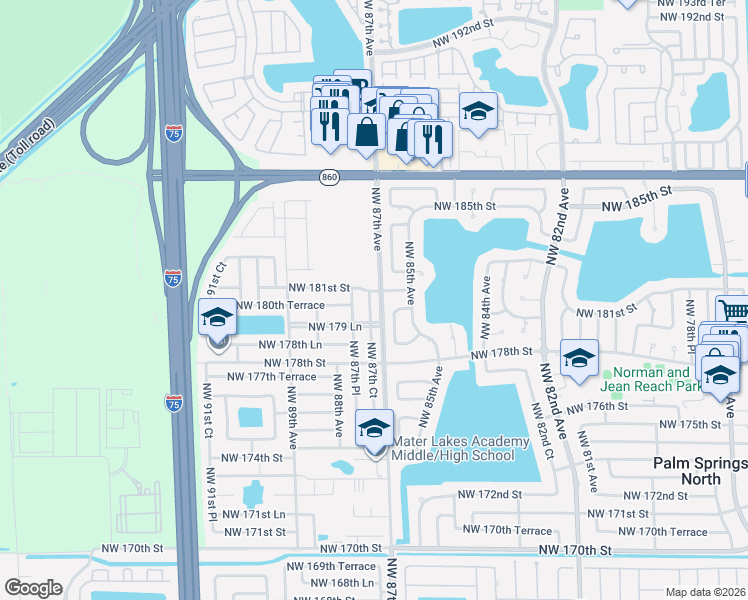 map of restaurants, bars, coffee shops, grocery stores, and more near 18092 Northwest 87th Court in Hialeah