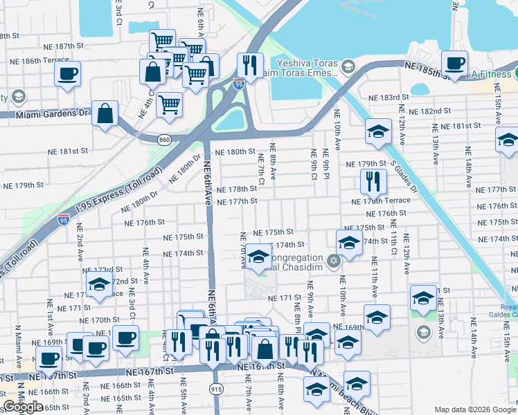 map of restaurants, bars, coffee shops, grocery stores, and more near 741 Northeast 177th Street in Miami