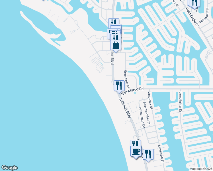 map of restaurants, bars, coffee shops, grocery stores, and more near 58 North Collier Boulevard in Marco Island