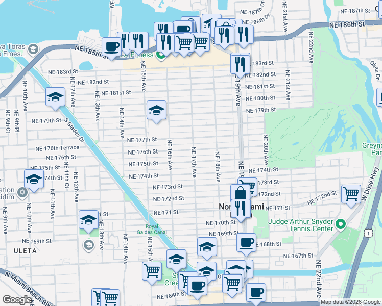 map of restaurants, bars, coffee shops, grocery stores, and more near 1655 Northeast 176th Street in North Miami Beach