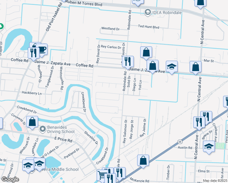 map of restaurants, bars, coffee shops, grocery stores, and more near 3724 Magali Circle in Brownsville