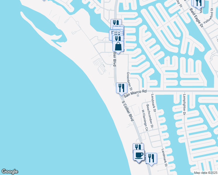 map of restaurants, bars, coffee shops, grocery stores, and more near 58 North Collier Boulevard in Marco Island