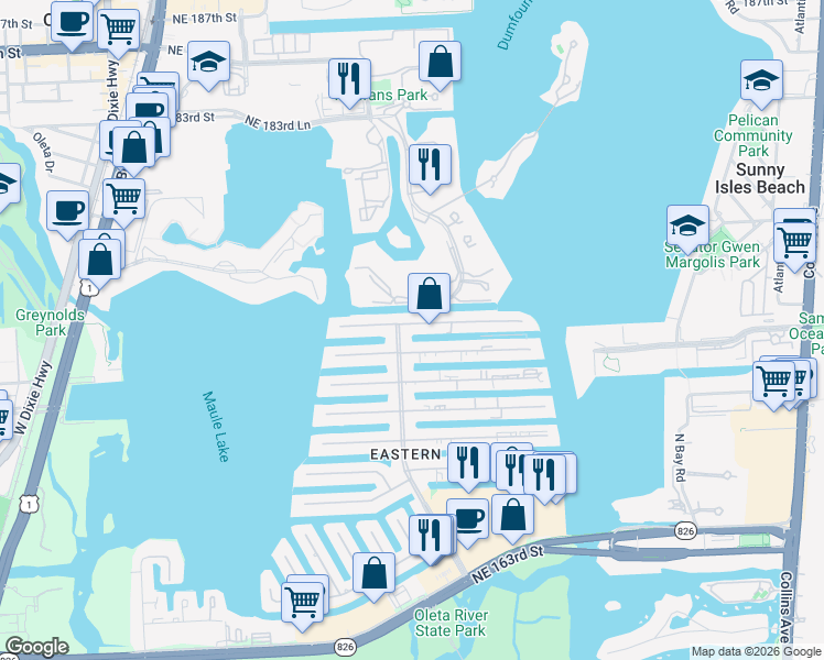 map of restaurants, bars, coffee shops, grocery stores, and more near 3463 Northeast 171 Street in North Miami Beach