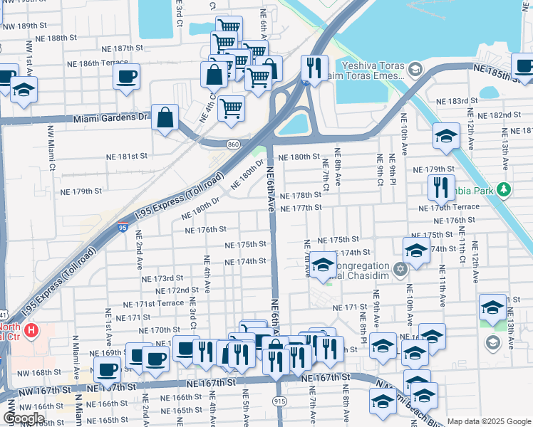 map of restaurants, bars, coffee shops, grocery stores, and more near 601 Northeast 177th Street in North Miami Beach