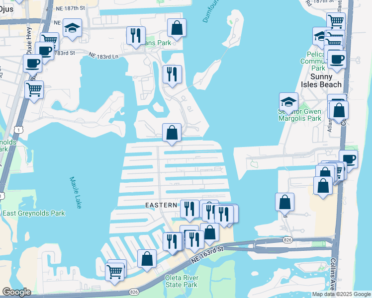 map of restaurants, bars, coffee shops, grocery stores, and more near 3745 Northeast 171 Street in North Miami Beach