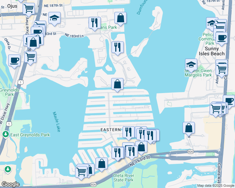 map of restaurants, bars, coffee shops, grocery stores, and more near 3642 Northeast 171 Street in North Miami Beach