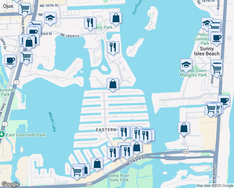 map of restaurants, bars, coffee shops, grocery stores, and more near 3642 Northeast 171 Street in North Miami Beach