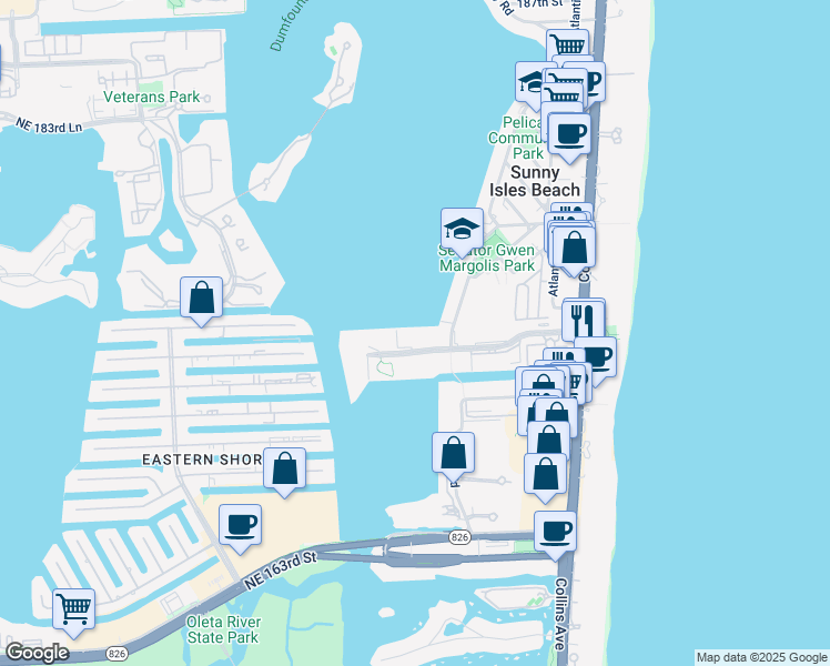 map of restaurants, bars, coffee shops, grocery stores, and more near 301 174th Street in Sunny Isles Beach