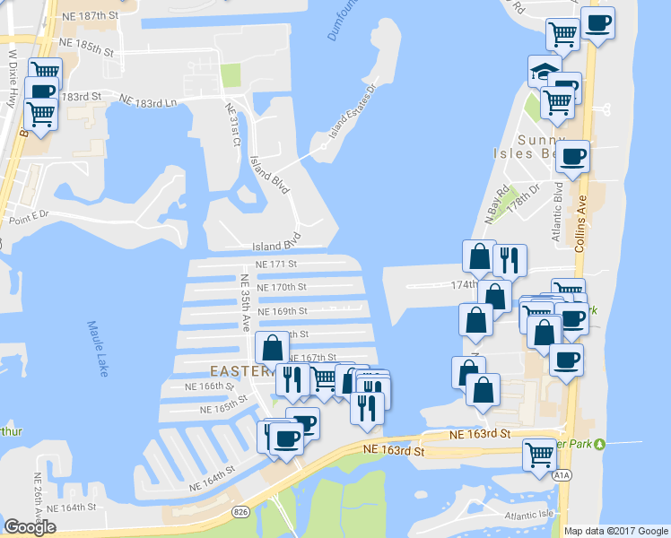 map of restaurants, bars, coffee shops, grocery stores, and more near 3912 Northeast 171 Street in North Miami Beach