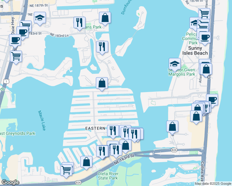 map of restaurants, bars, coffee shops, grocery stores, and more near 3745 Northeast 171 Street in North Miami Beach