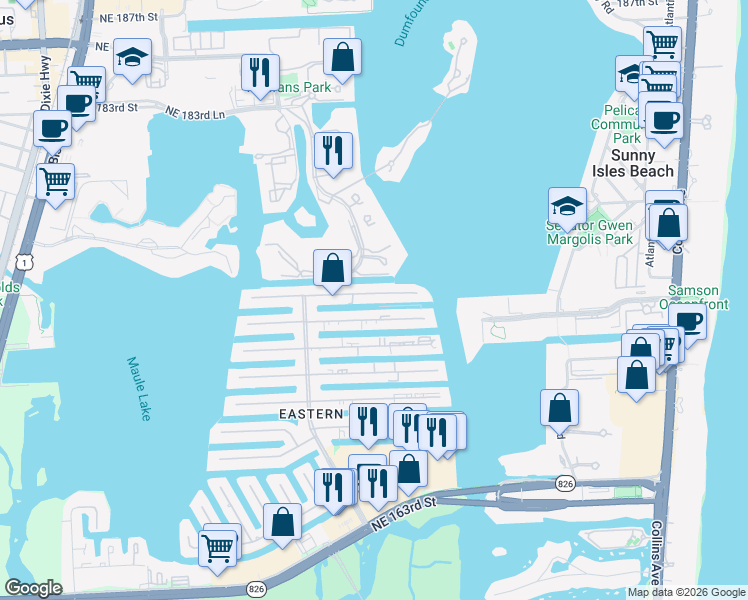 map of restaurants, bars, coffee shops, grocery stores, and more near 3745 Northeast 171 Street in North Miami Beach