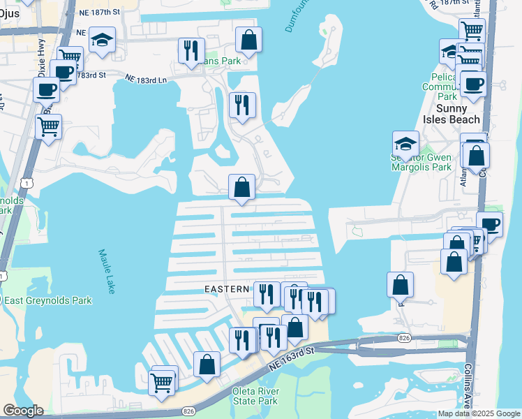 map of restaurants, bars, coffee shops, grocery stores, and more near 3745 Northeast 171 Street in North Miami Beach