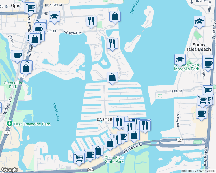 map of restaurants, bars, coffee shops, grocery stores, and more near 3463 Northeast 171 Street in North Miami Beach