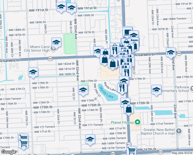 map of restaurants, bars, coffee shops, grocery stores, and more near 2940 Northwest 180th Street in Miami Gardens