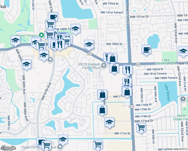 map of restaurants, bars, coffee shops, grocery stores, and more near 18160 Northwest 59th Avenue in Hialeah