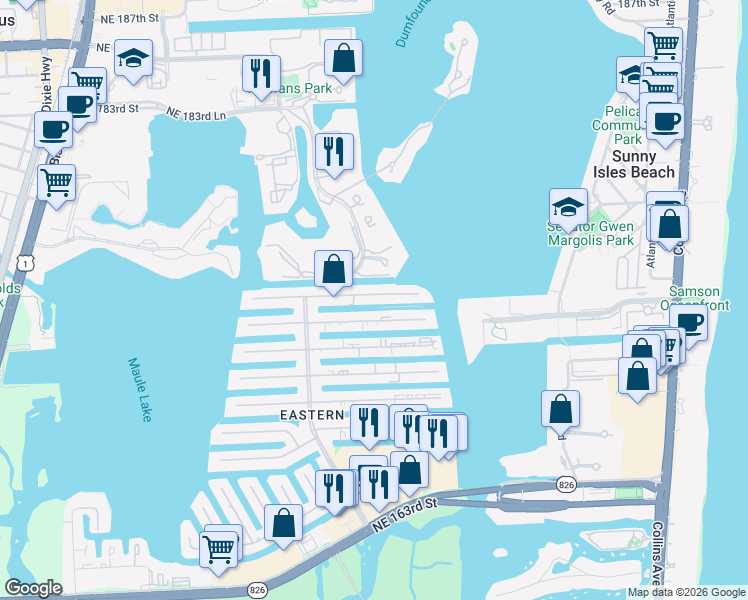 map of restaurants, bars, coffee shops, grocery stores, and more near 3745 Northeast 171 Street in North Miami Beach
