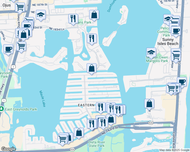 map of restaurants, bars, coffee shops, grocery stores, and more near 3642 Northeast 171 Street in North Miami Beach