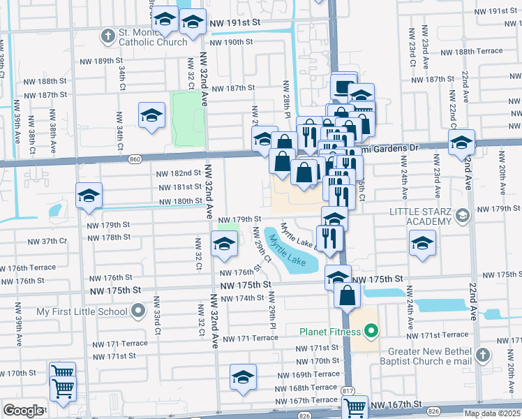 map of restaurants, bars, coffee shops, grocery stores, and more near 2940 Northwest 180th Street in Miami Gardens