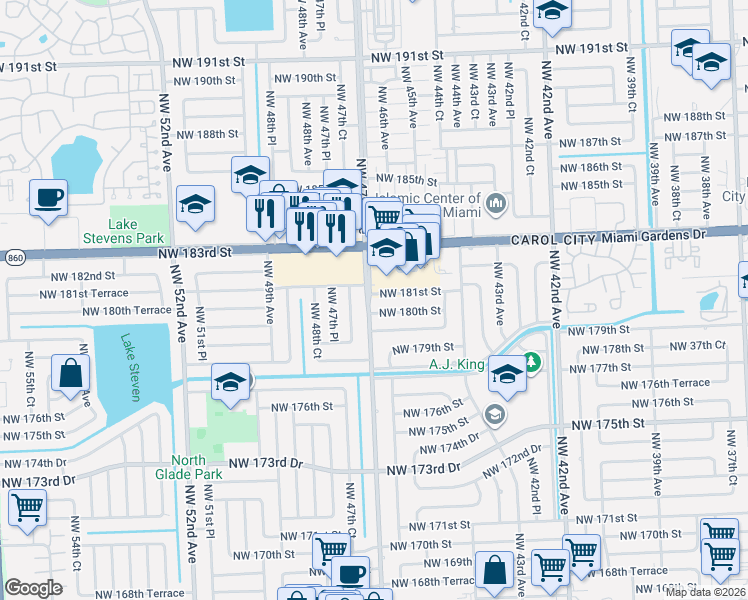 map of restaurants, bars, coffee shops, grocery stores, and more near 4690 Northwest 181st Street in Miami Gardens