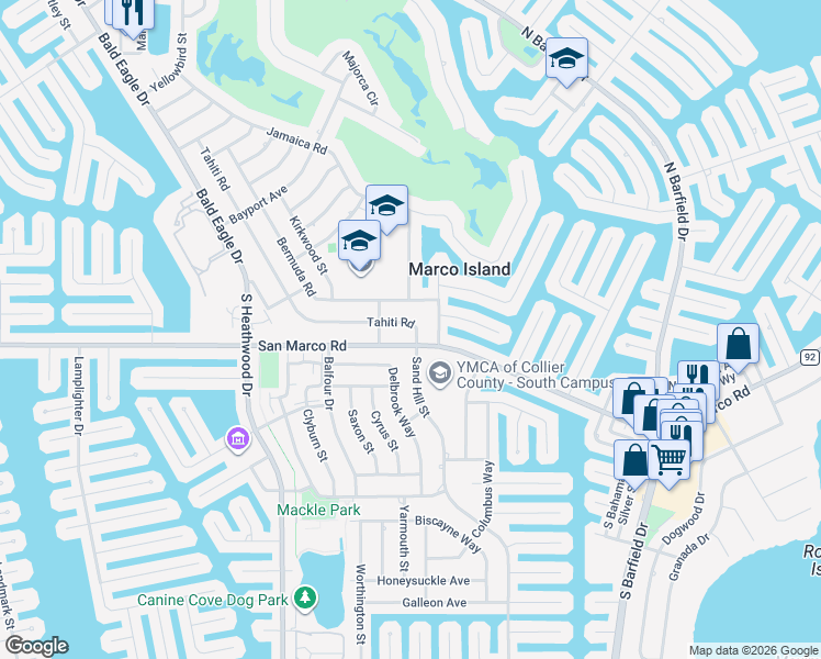 map of restaurants, bars, coffee shops, grocery stores, and more near 17 Tahiti Road in Marco Island