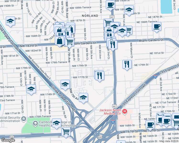 map of restaurants, bars, coffee shops, grocery stores, and more near 505 Northwest 177th Street in Miami Gardens
