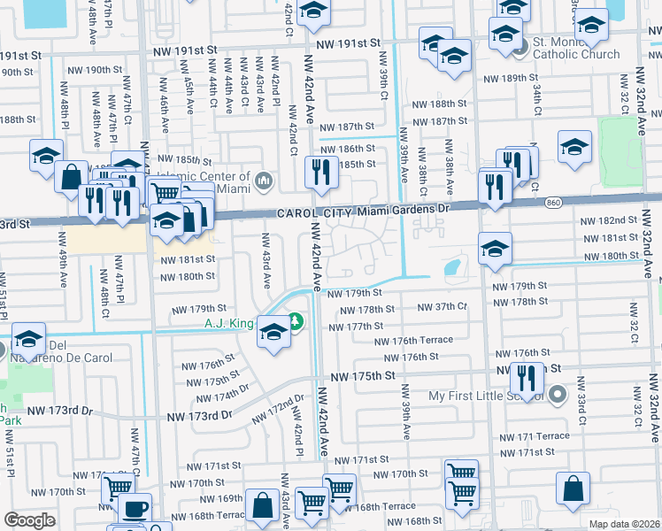 map of restaurants, bars, coffee shops, grocery stores, and more near 18047 Northwest 41st Place in Miami Gardens