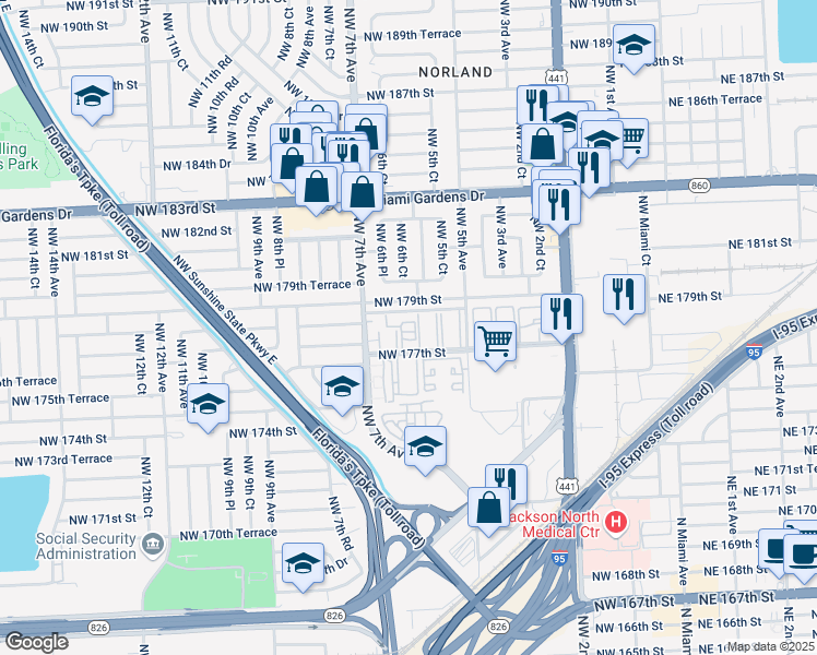map of restaurants, bars, coffee shops, grocery stores, and more near 621 Northwest 177th Street in Miami Gardens