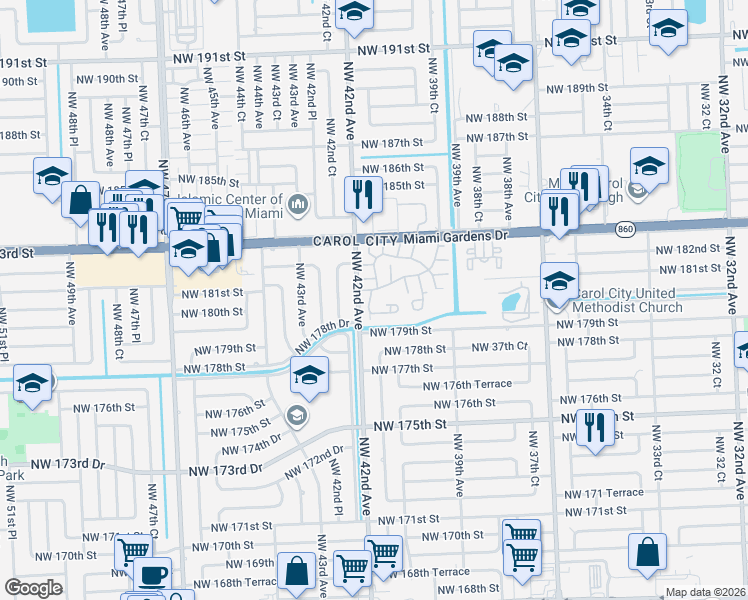 map of restaurants, bars, coffee shops, grocery stores, and more near 18081 Northwest 41st Court in Miami Gardens