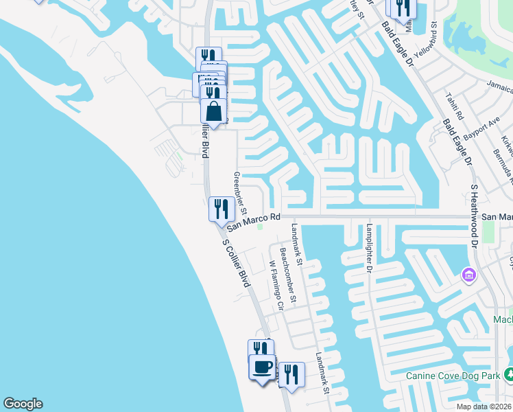 map of restaurants, bars, coffee shops, grocery stores, and more near 28 Manor Terrace in Marco Island