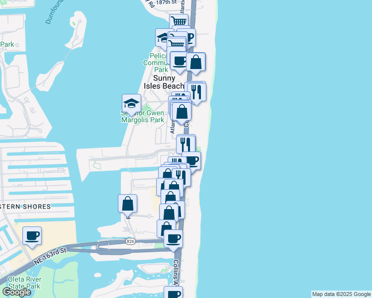 map of restaurants, bars, coffee shops, grocery stores, and more near 17475 Collins Avenue in Sunny Isles Beach