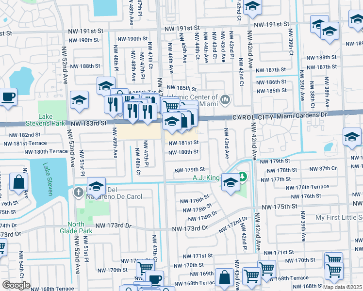 map of restaurants, bars, coffee shops, grocery stores, and more near 4510 Northwest 181st Street in Miami Gardens