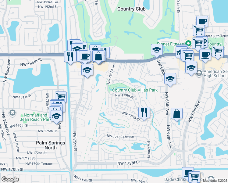 map of restaurants, bars, coffee shops, grocery stores, and more near 7235 Northwest 179th Street in Hialeah