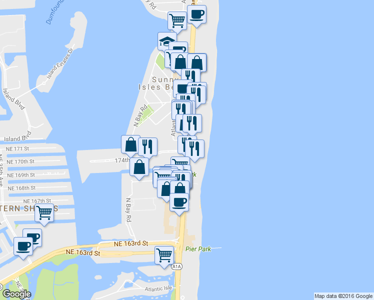 map of restaurants, bars, coffee shops, grocery stores, and more near 17475 Collins Avenue in Sunny Isles Beach