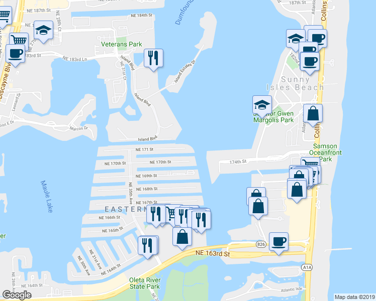 map of restaurants, bars, coffee shops, grocery stores, and more near 3912 Northeast 171 Street in North Miami Beach