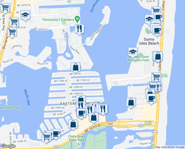 map of restaurants, bars, coffee shops, grocery stores, and more near 3912 Northeast 171 Street in North Miami Beach