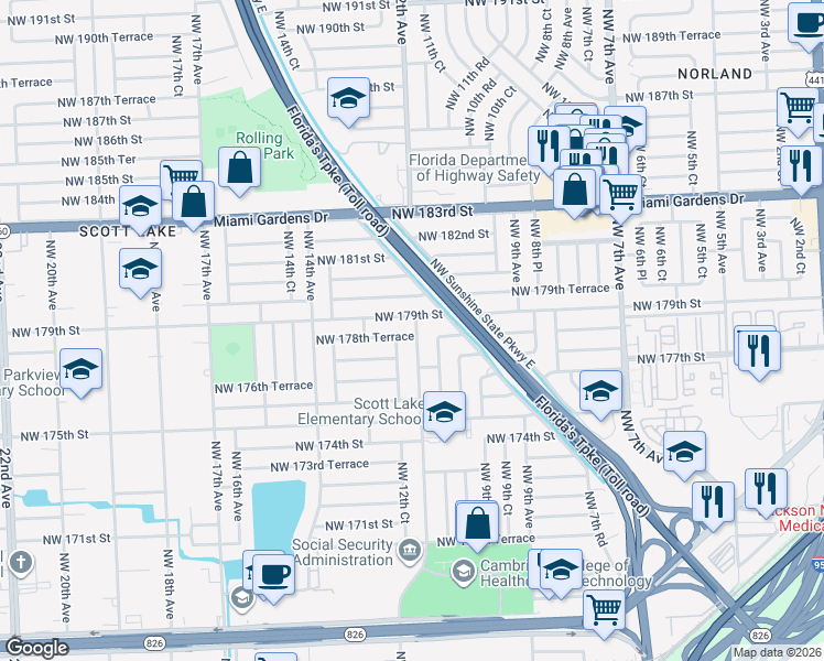 map of restaurants, bars, coffee shops, grocery stores, and more near 1210 Northwest 179th Street in Miami