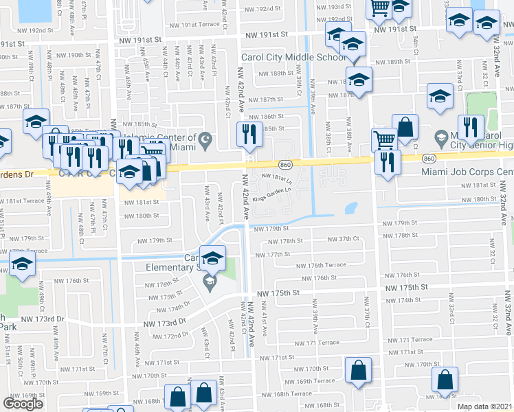 map of restaurants, bars, coffee shops, grocery stores, and more near 18081 Northwest 41st Court in Miami Gardens