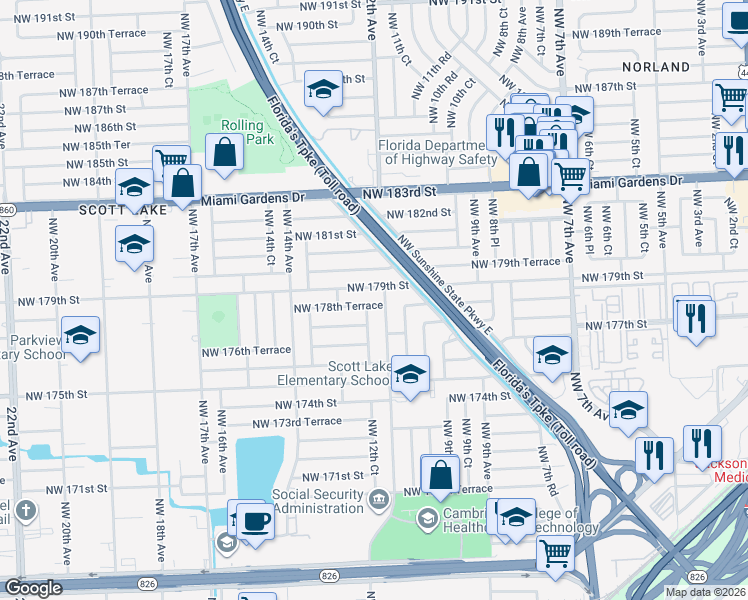 map of restaurants, bars, coffee shops, grocery stores, and more near 1210 Northwest 179th Street in Miami