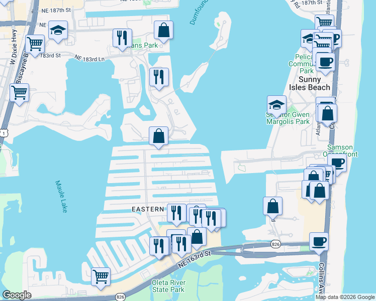 map of restaurants, bars, coffee shops, grocery stores, and more near 3912 Northeast 171 Street in North Miami Beach