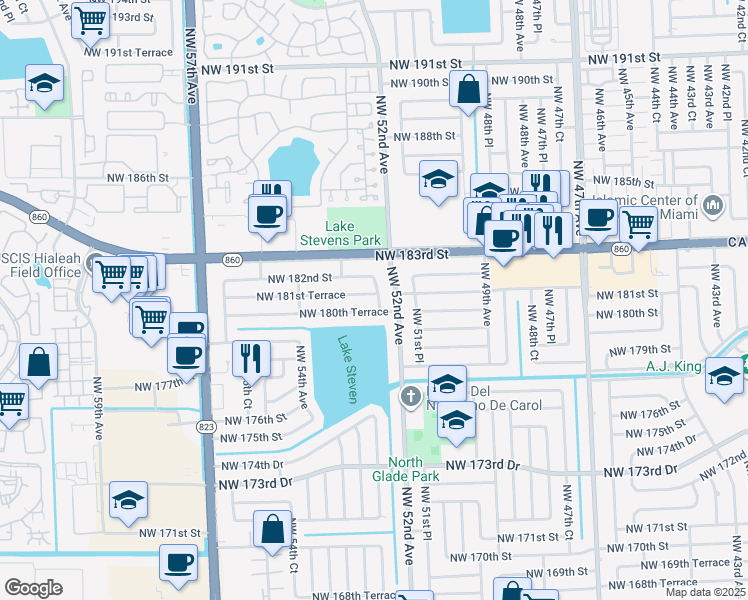 map of restaurants, bars, coffee shops, grocery stores, and more near 18115 Northwest 52nd Court in Miami Gardens