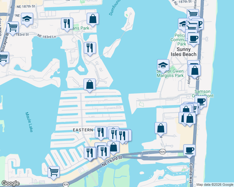 map of restaurants, bars, coffee shops, grocery stores, and more near 3912 Northeast 171 Street in North Miami Beach