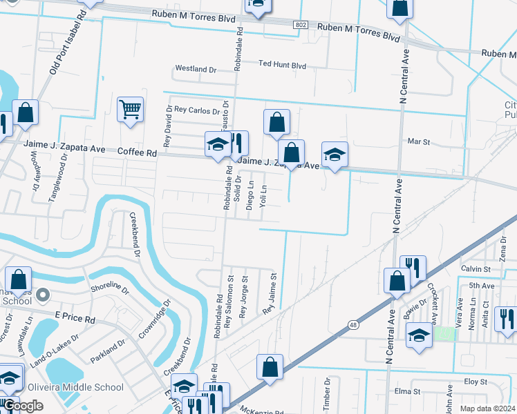 map of restaurants, bars, coffee shops, grocery stores, and more near 4117 Yoli Lane in Brownsville