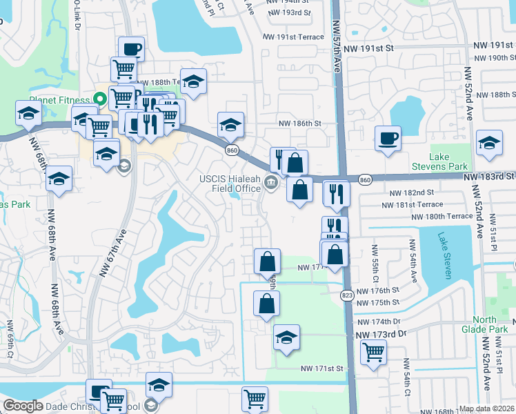 map of restaurants, bars, coffee shops, grocery stores, and more near 18160 Northwest 59th Avenue in Hialeah