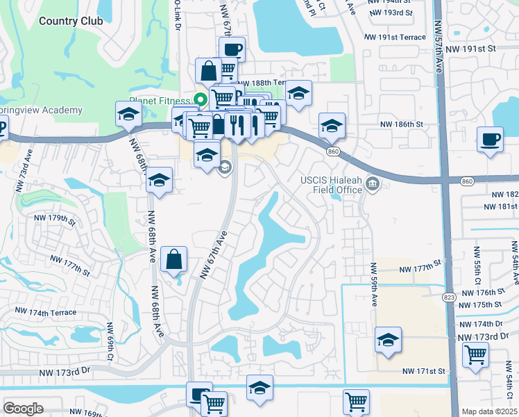 map of restaurants, bars, coffee shops, grocery stores, and more near 18123 NW 66th Ct in Hialeah